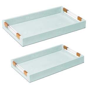 2 Pack Large Ottoman Tray Shagreen Decorative Tray Coffee Table Tray | Serving Tray, Acrylic Gold Handles, Stu