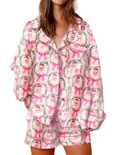 Aonoapll Women Christmas Pajamas Shorts Set Santa Claus Sleepwear | Long Sleeve Button Down Shirt and Shorts 2