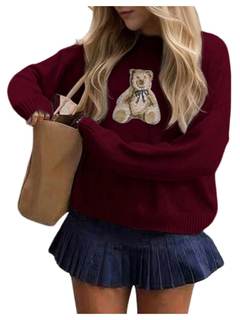 Floerns Women's Bear Long Sleeve Pullover Sweater Cute Crew Neck Knitted Tops Medium Burgundy