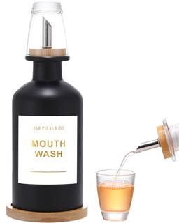 11.8OZ Glass Mouthwash Dispenser for Bathroom, Black | Stainless Steel & Bamboo Nozzle, Mouthwash Cup Reusable