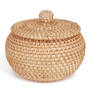 Round Rattan Basket Box with Lid Hand-Woven Wicker Basket Bin Multi-Purpose Wicker Tray 6.3Inch Picnic Food Br