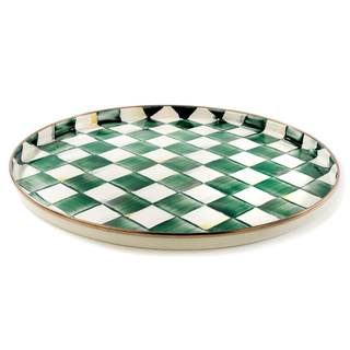 MACKENZIE-CHILDS Enamel Round Tray, Green-and-White Emerald Check | Hand-painted design, made from enameled st