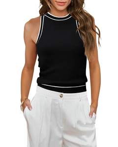 MIHOLL Women Ribbed Halter Neck Tank Top Summer Sleeveless Racerback Cropped Cami Tops Trendy Slim Fit Shirt