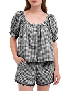 Kissonic Women's Gingham Pajama Set 2 Piece Cotton Pjs Puff Sleeve Scoop Neck Scalloped Trim Shorts Loungewear