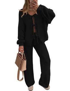 ZESICA Women's 2 Piece Outfits 2026 Fall Lounge Pajama Sets | Long Sleeve Cardigans, Wide Leg Pants, Tie Front