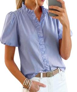 Womens Short Puff Sleeve Button Down Shirts Striped Ruffle Stand Collar Blouse Business Casual Preppy Tops
