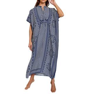Swimsuit Cover Ups for Women Beach Dresses, GreenEmbroidered Caftans Long Sleeve Floral Print Kaftans Side Spl