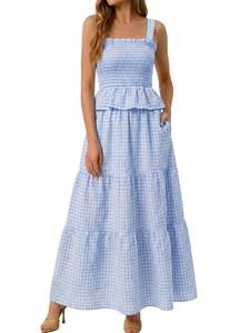 Glamaker Womens 2 Piece Skirt Sets Summer Gingham Plaid Tank Tops Maxi Skirt Casual Travel Vacation Outfit wit