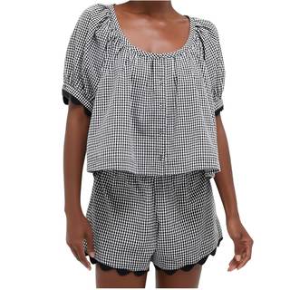 VAOYIU Two Piece Sets for Women Summer Casual Gingham Outfits | Puff Sleeve Scoop Neck Cropped Tops, Matching 