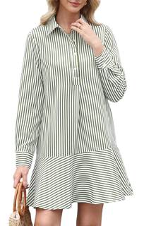 EZAPINE Womens Striped Shirt Mini Dress Long Sleeve Collared Ruffle Hem Button Up Tunic Flowy Swing Dresses Gr