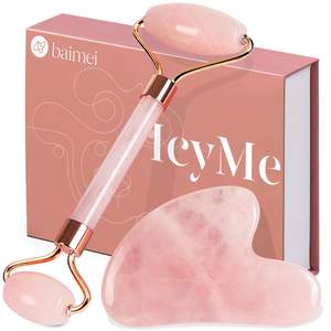 BAIMEI IcyMe Rose Quartz Roller & Gua Sha Facial Tool Set for Depuffing | Cooling Face Roller for Lymphatic Ma
