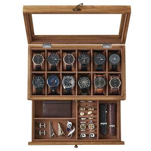 SONGMICS 12-Slot Watch Box, 2-Tier Watch Display Case with Large Glass Lid, Removable Pillows, Velvet Lining, 