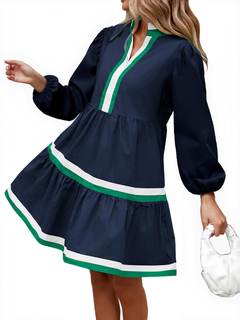 Womens Puff Long Sleeve Babydoll Dress V Neck Navy Blue Striped Color Block Tiered Mini Dresses Blue Small