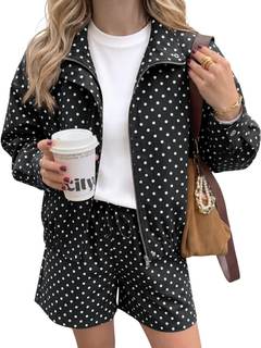 Tankaneo Womens Polka Dot 2 Piece Sets Zip Up Cropped Jackets and Shorts | vacation, going out, streetwear, li