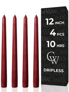 CANDWAX 12 inch Burgundy Taper Candle Pack of 4 - Unscented Smokeless Dripless Candlesticks - Candle Sticks fo