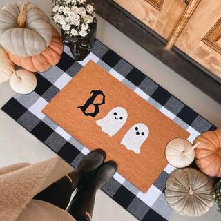 Halloween Door Mat Combo Set, Boo Ghost Coco Coir Welcome Doormat + 28" x 43" Black and White Plaid Rug, Autum