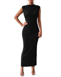BTFBM Women Ruched Bodycon Maxi Dresses Summer Casual | Sleeveless, Lightweight, Back Slit, Date Night Going O