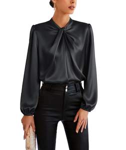GRACE KARIN Women Business Casual Long Sleeve Satin Blouse | Twist Mock Neck, Work, Silk Shirt, Lantern Sleeve