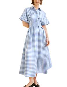 Yeokou Women Plaid Shirt Dress Short Sleeve Button Down Pleated Gingham A Line Maxi Dresses Casual Sundress wi