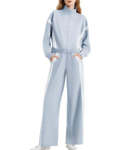 Casly Lamiit Women's 2 Piece Lounge Outfits Zip Up Sweat Set Contrast Striped Wide Leg Jogging Pants Travel Tr
