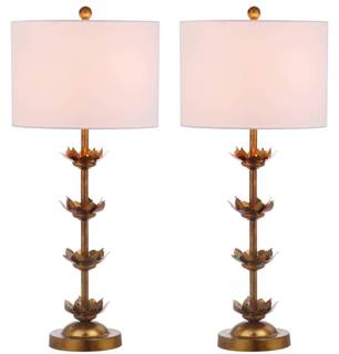SAFAVIEH Lighting Collection – Set of 2 Lani Antique Gold Leaf 32-Inch Table Lamps with USB Ports, White Drum 