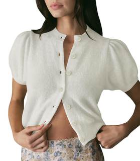 Womens Puff Short Sleeve Cardigan Sweaters Cropped Button up Lightweight Y2k Knit Summer Cardigans Medium Whit