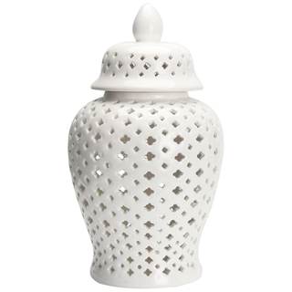 VOSAREA Ginger Jar Traditional Pierced Ginger Jar with Lid Ceramic Flower Vase Carved Lattice Decorative Templ