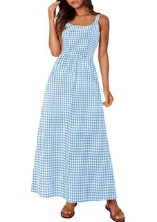PRETTYGARDEN Women's Summer Gingham Maxi Long Dress | Plaid Checkered,Spaghetti Strap,Square Neck,Back Smocked