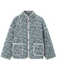Muchpow Women's Cropped Quilted Puffer Jacket Floral Print Lightweight Long Sleeve Winter Coat Outwear Blue Sm