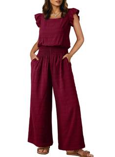 Dokotoo Women's Casual Loose Overalls Jumpsuits One Piece Short Sleeve Wide Leg Smocked Waisted Long Pant Romp