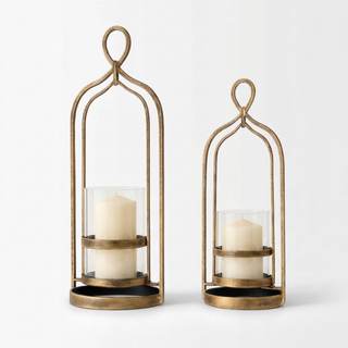 Hurricane Candle Holder Set of 2 with Glass & Metal Frame-Pillar Candle Holders for Living Room, Dining Room &