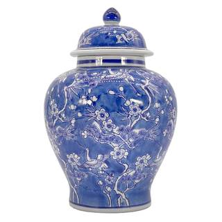 Galt International Blue & White Floral Crane Chinoiserie Jar 12" w/Lid - Ginger Jar, Tea Storage, Decorative, 