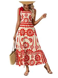 Floerns Women's Vintage Sleeveless Tie Shoulder Sundress Floral Print Cami Maxi Dress Large Red
