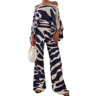 REASERAL Womens Fall Loose 2 Piece Outfits Off Shoulder Printed Long Sleeve Casual Going Out Wide Leg Pants Se