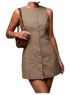 SOLY HUX Women's Plaid Button Down Dress Crew Neck Sleeveless Tie Back Work Office Mini Dresses