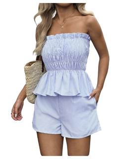 SOLY HUX Women's 2 Piece Summer Vacation Outfits Striped Peplum Ruffle Hem Tube Tops and Shorts Set Medium Blu