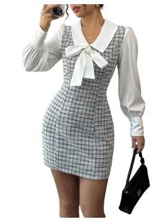 Floerns Women's Elegant Plaid Tweed Dress Bow Front Lantern Long Sleeve 2 in 1 Mini Houndstooth Dresses Medium
