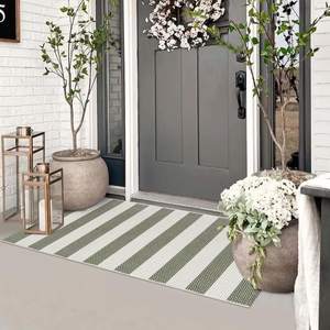 Boho Striped Front Door Mat Outside Entrance 2x4.3 Outdoor Porch Rug | Farmhouse Cotton Woven Washable Green a