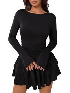 Caracilia Women's Fall Long Sleeve Bodycon Ruffle Mini Dress | Bell Sleeve Boat Neck Short Dresses,Ruched Wais