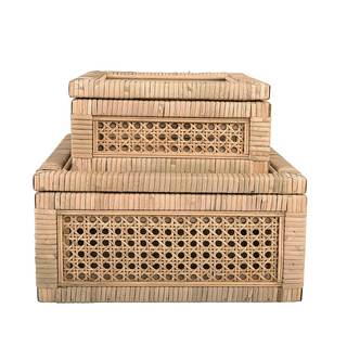 Creative Co-Op Modern Decorative Square Woven Rattan and Wood Display Boxes with Glass Top, Set of 2 Sizes, Na