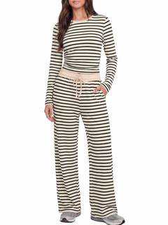 Casly Lamiit Womens 2 Piece Lounge Set Soft Knit Color Block Travel Outfits | Long Sleeve Side Ruched Top, Dra