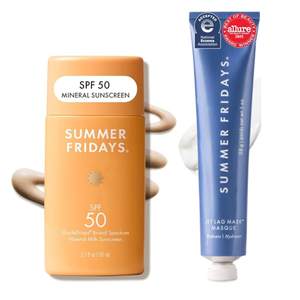 Summer Fridays Mini Jet Lag Mask & ShadeDrops SPF 50 Face Sunscreen (2 Ct) | Skin Care Set with Travel Size Fa