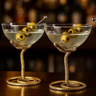 Snake Serpent Cocktail Glasses - 2 Set Gold Design Unique Reptile Inspired Barware - Themed Parties Gothic Déc