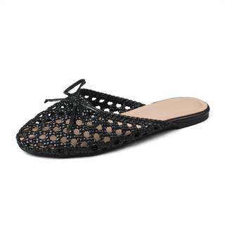 Synchoiss Woven Mules for Women Flat Closed Toe Sandals with Bow | Round Toe, Breathable Mesh Upper, Slip-on M