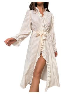 OYOANGLE Robes for Women Ruffle Trim Textured Bathrobe Nightgown Sleepwear | Sheer Mesh Bathrobe，Midi Shower R