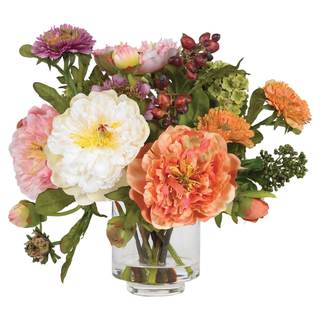 Nearly Natural 10 in Artificial Peony Arrangement in Glass Vase | Mixed Peony Faux Flower Blooms, Liquid Illus