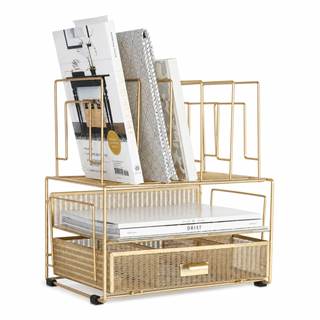 BLU MONACO | Gold Desk Organizer With Drawer | Metal Mesh File Holder & Vertical File Organizer | Desktop Stor