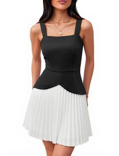 Angashion Women's Square Neck Sleeveless Mini Dress Elegant Pleated A-Line Wedding Guest Cocktail Party Dress 