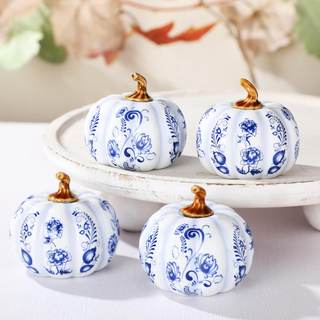 4 Pcs Chinoiserie Ceramic Pumpkins Fall Decorations Blue and White Porcelain Decoration for Fall Tiered Tray T