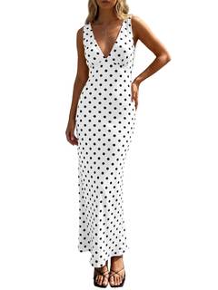 Wenrine Womens Summer Polka Dot Maxi Dress Mesh V Neck Wedding Guest Dress | Sexy Deep V Neck, Sleeveless, Bod
